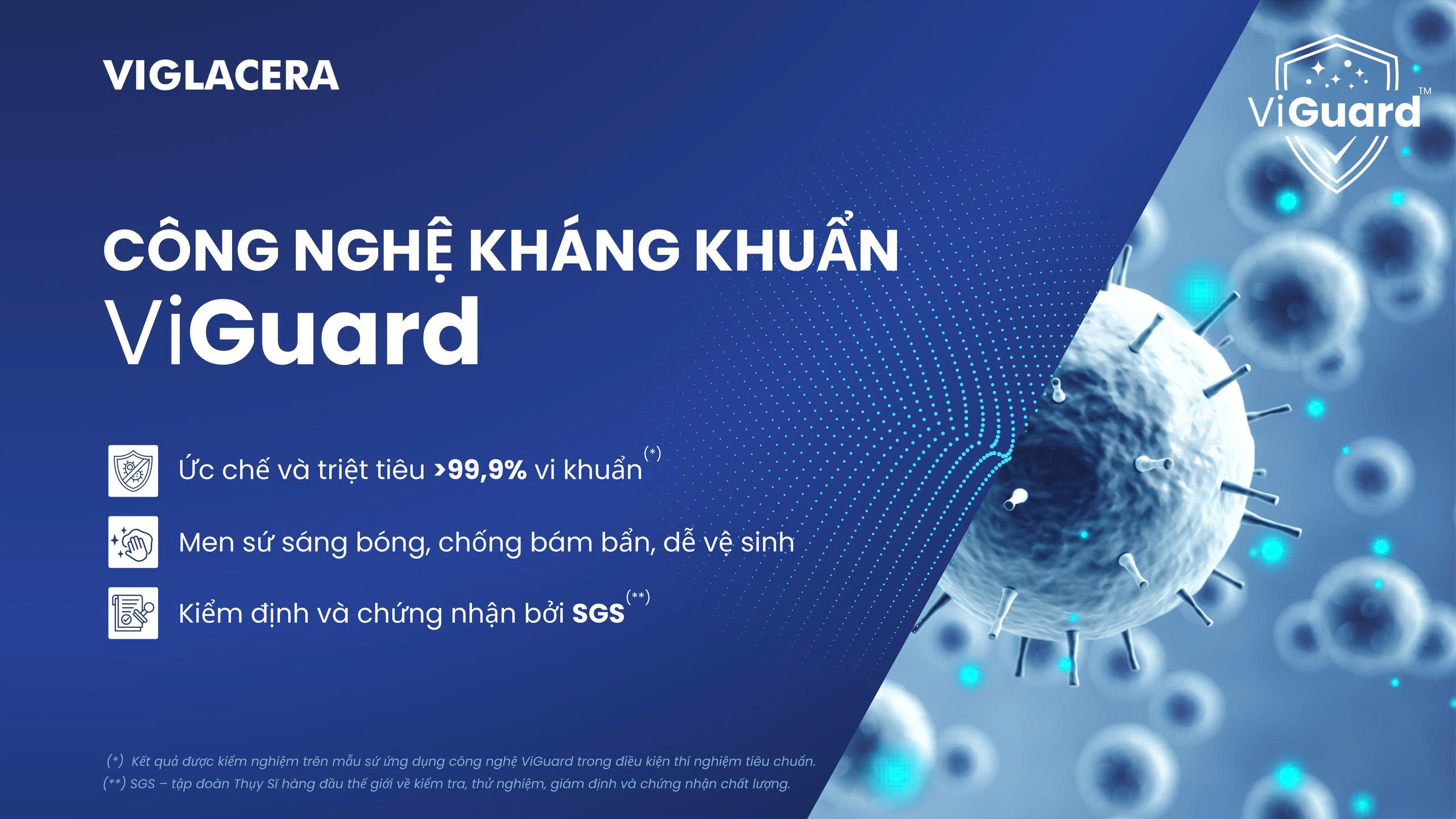 Công nghệ ViGuard™ trên sứ vệ sinh Viglacera, giúp kháng khuẩn >99. 9% - nâng tầm chuẩn mực phòng tắm hiện đại